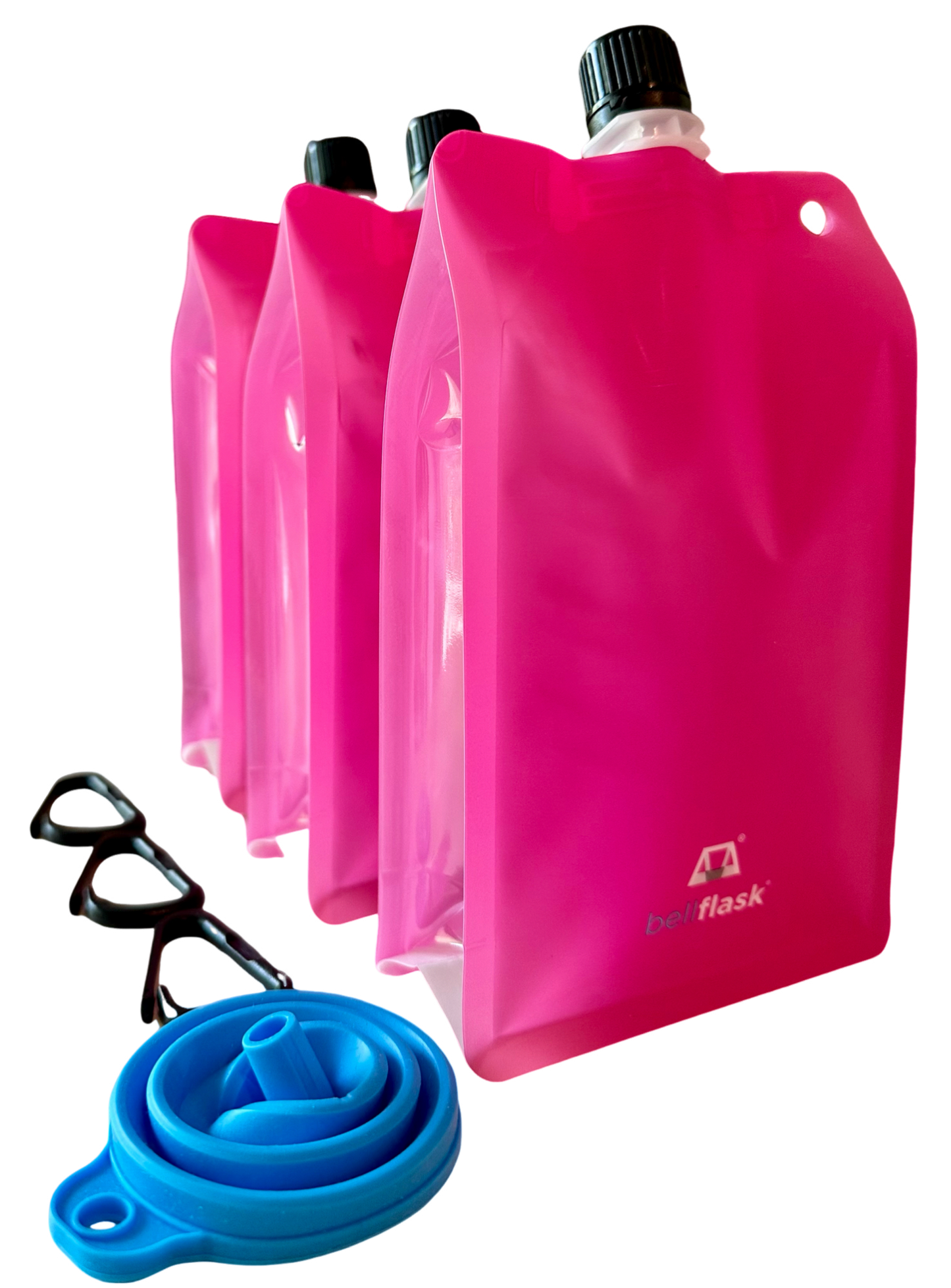 BellFlask - (Pack of 3, Pink) 15 oz. Plastic Flask, Patented, Flexible, Metal-Free, Reusuable, BPA-Free with Carabiner Clip and Filling Funnel