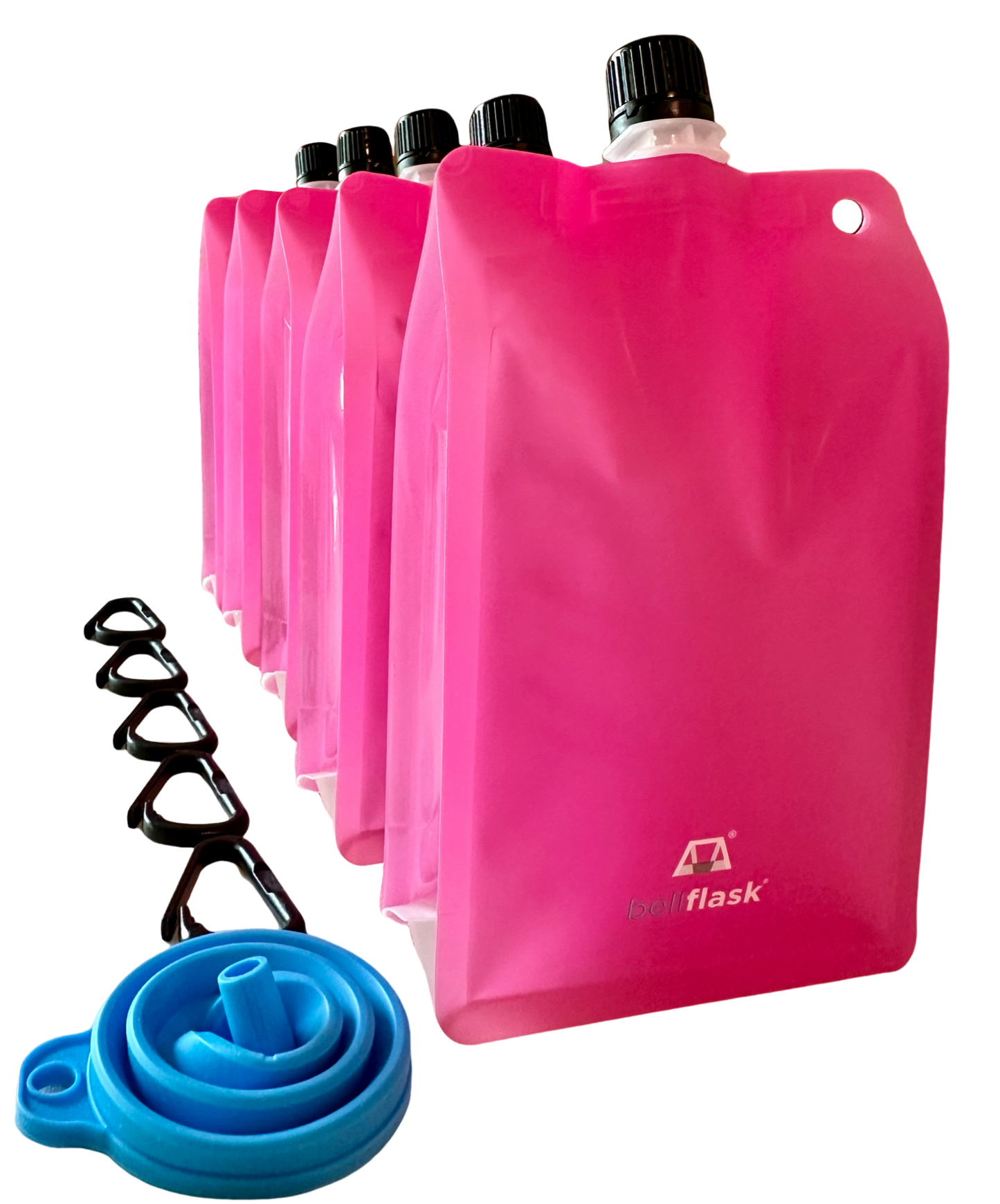 BellFlask - (Pack of 5, Pink) 15 oz. Plastic Flask, Patented, Flexible, Metal-Free, Reusuable, BPA-Free with Carabiner Clip and Filling Funnel