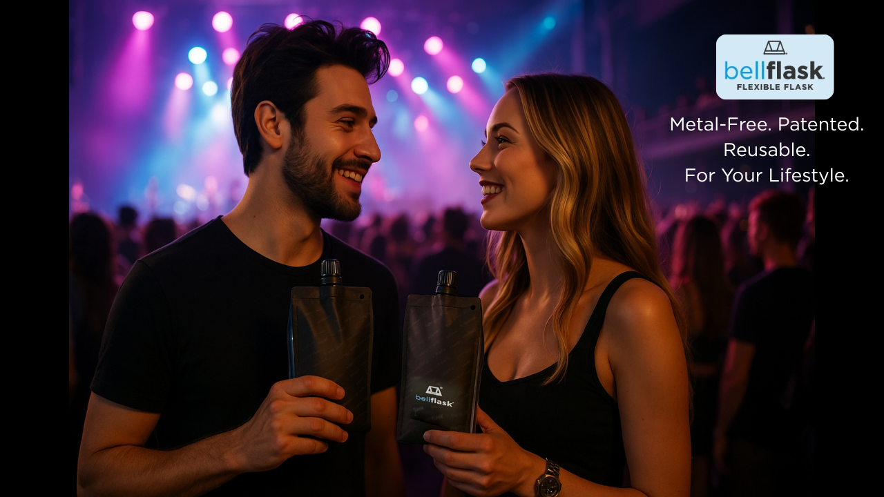 BellFlask (Pack of 5, Matte Black) - 15 oz. Plastic Flask, Patented, Flexible, Metal-Free, Reusuable, BPA-Free with Carabiner Clip and Filling Funnel