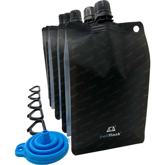 BellFlask (Pack of 5, Matte Black) - 15 oz. Plastic Flask, Patented, Flexible, Metal-Free, Reusuable, BPA-Free with Carabiner Clip and Filling Funnel