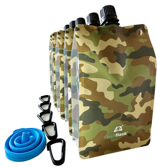 BellFlask -  (Pack of 5, Camouflage) 15 oz. Plastic Flask, Patented, Flexible, Metal-Free, Reusuable, BPA-Free with Carabiner Clip and Filling Funnel