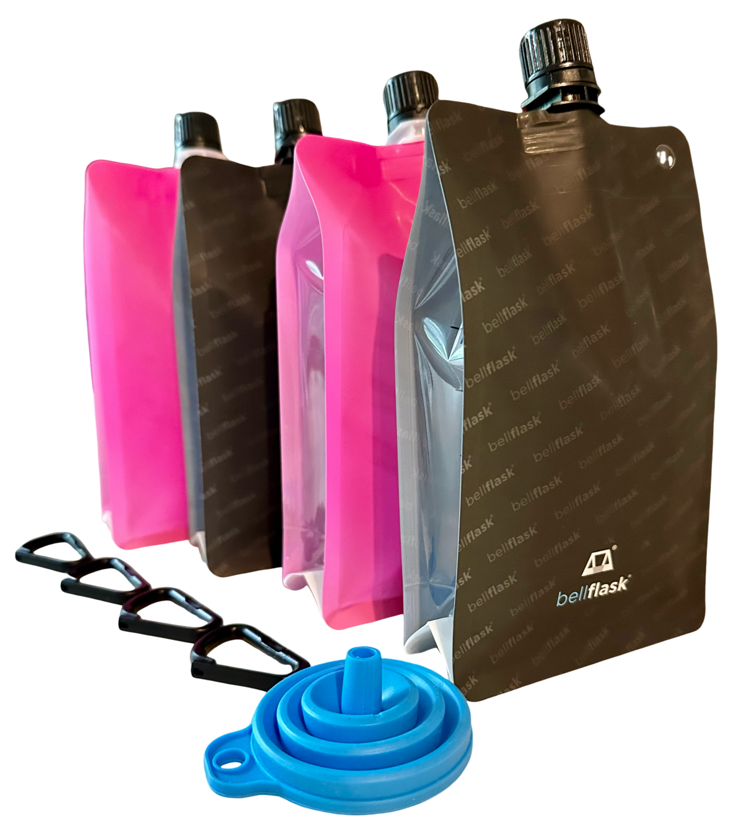 BellFlask (Pack of 4, Black & Pink) - 15 oz. Plastic Flask, Patented, Flexible, Metal-Free, Reusuable, BPA-Free with Carabiner Clip and Filling Funnel