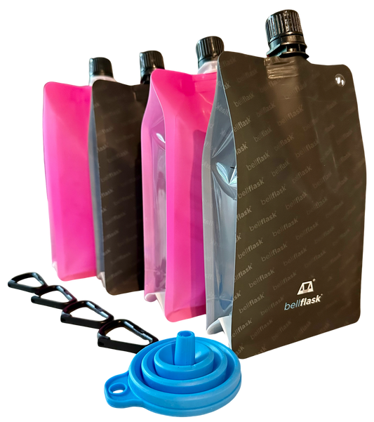 BellFlask (Pack of 4, Black & Pink) - 15 oz. Plastic Flask, Patented, Flexible, Metal-Free, Reusuable, BPA-Free with Carabiner Clip and Filling Funnel
