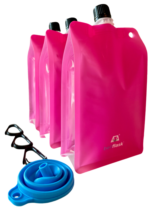 BellFlask - (Pack of 3, Pink) 15 oz. Plastic Flask, Patented, Flexible, Metal-Free, Reusuable, BPA-Free with Carabiner Clip and Filling Funnel