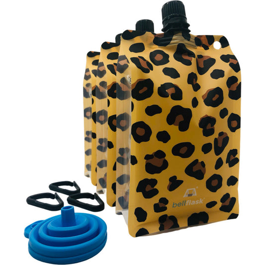 BellFlask - (Pack of 3, Leopard Print) 15 oz. Plastic Flask, Patented, Flexible, Metal-Free, Reusuable, BPA-Free with Carabiner Clip and Filling Funnel