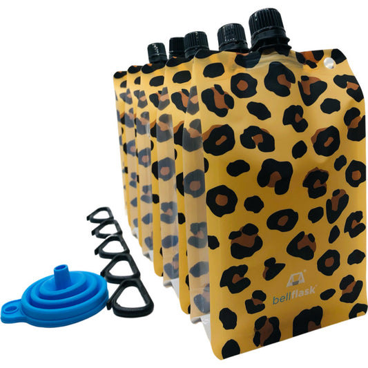 BellFlask -  (Pack of 5, Leopard Print) 15 oz. Plastic Flask, Patented, Flexible, Metal-Free, Reusuable, BPA-Free with Carabiner Clip and Filling Funnel