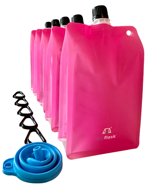 BellFlask -  (Pack of 5, Pink) 15 oz. Plastic Flask, Patented, Flexible, Metal-Free, Reusuable, BPA-Free with Carabiner Clip and Filling Funnel