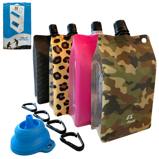 BellFlask - (Pack of 4, Variety) 15 oz. Plastic Flask, Patented, Flexible, Metal-Free, Reusuable, BPA-Free with Carabiner Clip and Filling Funnel